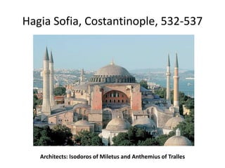 A brilliant fusion of central and longitudinal
plans, Hagia Sophia’s 180 foot-high dome rests
on pendentives but seemed to...