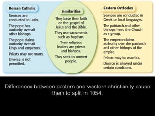 Differences between eastern and western christianity cause
them to split in 1054.
 