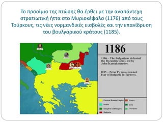 Το προοίμιο της πτώσης θα έρθει με την αναπάντεχη
στρατιωτική ήττα στο Μυριοκέφαλο (1176) από τους
Τούρκους, τις νέες νορμανδικές εισβολές και την επανίδρυση
του βουλγαρικού κράτους (1185).
 