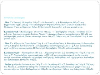 Δυναστεία των Ισαύρων
Λέων Γ΄ ο Ίσαυρος: 25 Μαρτίου 717 μ.Χ. – 18 Ιουνίου 741 μ.Χ. Γεννήθηκε το 685 μ.Χ. στη
Γερμανίκεια της Β. Συρίας. Ήταν στρατηγός του Θέματος Ανατολικών. Στασίασε εναντίον του
Θεοδόσιου Γ΄ και ανέβηκε στον θρόνο. Πέθανε στις 18 Ιουνίου 741 μ.Χ. από φυσικά αίτια.
Κωνσταντίνος Ε΄ ο Κοπρώνυμος: 18 Ιουνίου 741 μ.Χ. – 14 Σεπτεμβρίου 775 μ.Χ. Γεννήθηκε το 718
μ.Χ. στην Κωνσταντινούπολη. Γιος του Λέοντα Γ΄. Ανακηρύχθηκε συναυτοκράτορας το 720 μ.Χ. και
αυτοκράτορας μετά τον θάνατο του πατέρα του το 741 μ.Χ. Πέθανε στις 14 Σεπτεμβρίου 775 μ.Χ. από
φυσικά αίτια.
Λέων Δ΄ ο Χάζαρος: 14 Σεπτεμβρίου 775 μ.Χ. – 8 Σεπτεμβρίου 780 μ.Χ. Γεννήθηκε στις 25 Ιανουαρίου
750 μ.Χ. Γιος του Κωνσταντίνου Ε΄. Ανακηρύχθηκε συναυτοκράτορας το 751 μ.Χ. και αυτοκράτορας
μετά τον θάνατο του πατέρα του. Πέθανε στις 8 Σεπτεμβρίου 780 μ.Χ. από φυσικά αίτια.
Κωνσταντίνος ΣΤ΄ : 8 Σεπτεμβρίου 780 μ.Χ. – Αύγουστος του 797 μ.Χ. Γεννήθηκε το 771 μ.Χ. Γιος του
Λέοντα Δ΄. Ανακηρύχθηκε συναυτοκράτορας το 776 μ.Χ. και αυτοκράτορας μετά τον θάνατο του
πατέρα του υπό την κηδεμονία της μητέρας του Ειρήνης. Καθαιρέθηκε από τη μητέρα του, τυφλώθηκε
και φυλακίστηκε. Πέθανε το 802 μ.Χ
Ειρήνη η Αθηναία: Αύγουστος του 797 μ.Χ. – 31 Οκτωβρίου 802 μ.Χ. Γεννήθηκε το 752 μ.Χ. Σύζυγος
του Λέοντα Δ΄. Ανέλαβε την κηδεμονία του δεκαετή διαδόχου Κωνσταντίνου ΣΤ΄ μέχρι το 797 μ.Χ.
που του πήρε τον θρόνο. Καθαιρέθηκε το 802 μ.Χ. και εξορίστηκε. Πέθανε στις 9 Αυγούστου 803 μ.Χ.
 