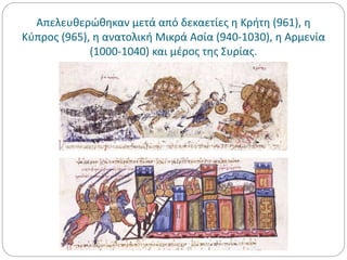 Απελευθερώθηκαν μετά από δεκαετίες η Κρήτη (961), η
Κύπρος (965), η ανατολική Μικρά Ασία (940-1030), η Αρμενία
(1000-1040) και μέρος της Συρίας.
 