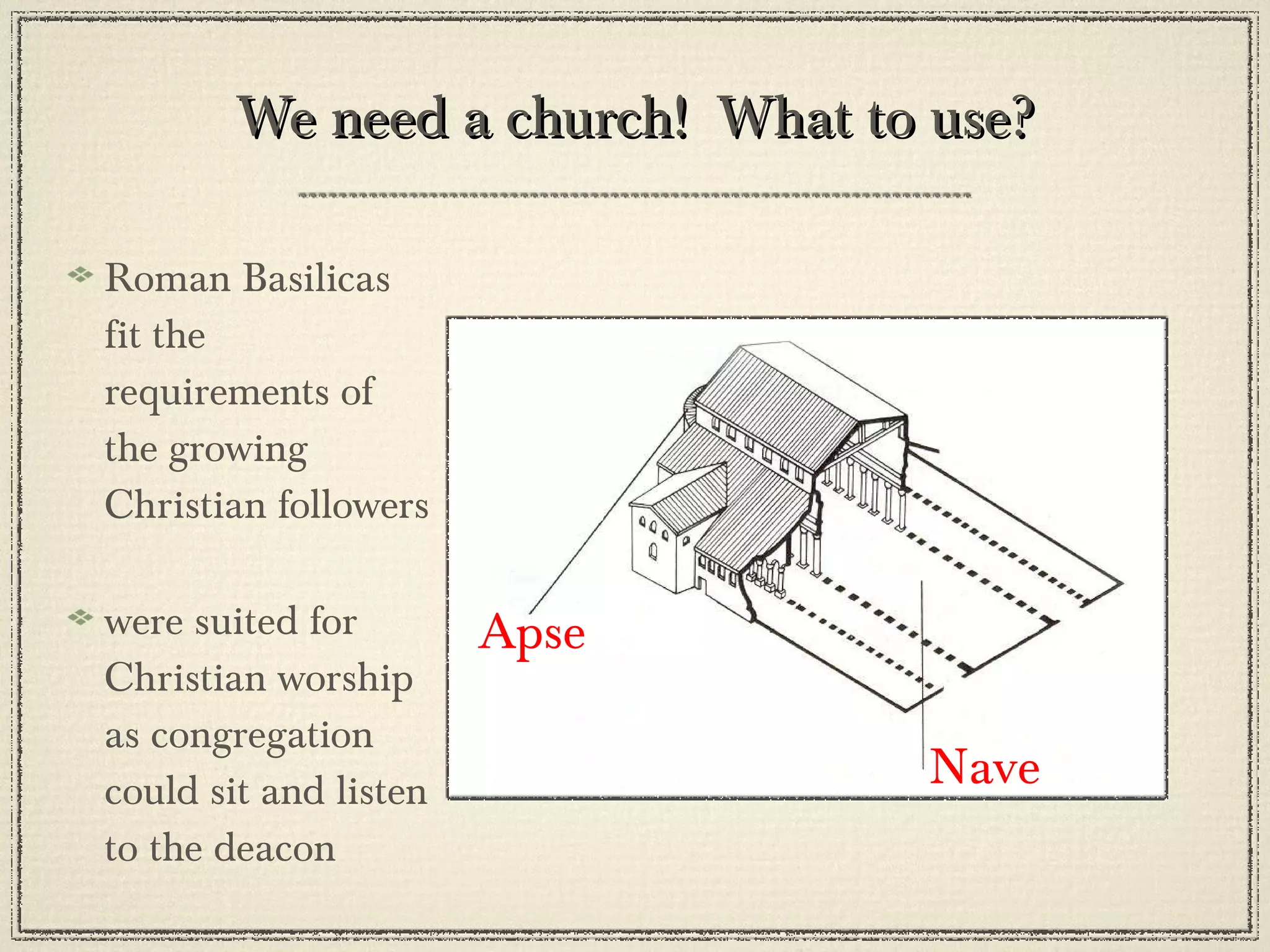 We need a church!  What to use? Roman Basilicas fit the requirements of the growing Christian followers were suited for Christian worship as congregation could sit and listen to the deacon Apse Nave 