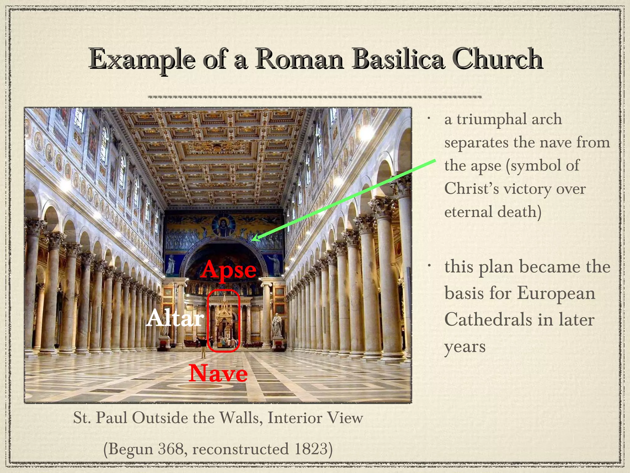 Example of a Roman Basilica Church a triumphal arch separates the nave from the apse (symbol of Christ’s victory over eternal death) this plan became the basis for European Cathedrals in later years St. Paul Outside the Walls, Interior View (Begun 368, reconstructed 1823) Nave Apse Altar 