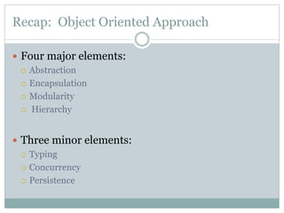 Recap: Object Oriented Approach
 Four major elements:
 Abstraction
 Encapsulation
 Modularity
 Hierarchy
 Three minor elements:
 Typing
 Concurrency
 Persistence
 