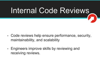 Internal Code Reviews
• Code reviews help ensure performance, security,
maintainability, and scalability
• Engineers improve skills by reviewing and
receiving reviews.
 