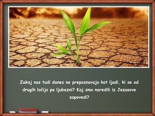 Zakaj nas tudi danes ne prepoznavajo kot ljudi, ki se od
drugih ločijo po ljubezni? Kaj smo naredili iz Jezusove
zapovedi?
 