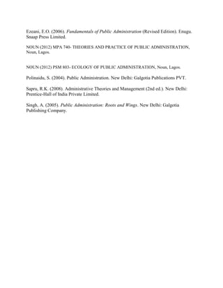 Ezeani, E.O. (2006). Fundamentals of Public Administration (Revised Edition). Enugu. 
Snaap Press Limited. 
NOUN (2012) MPA 740- THEORIES AND PRACTICE OF PUBLIC ADMINISTRATION, 
Noun, Lagos. 
NOUN (2012) PSM 803- ECOLOGY OF PUBLIC ADMINISTRATION, Noun, Lagos. 
Polinaidu, S. (2004). Public Administration. New Delhi: Galgotia Publications PVT. 
Sapru, R.K. (2008). Administrative Theories and Management (2nd ed.). New Delhi: 
Prentice-Hall of India Private Limited. 
Singh, A. (2005). Public Administration: Roots and Wings. New Delhi: Galgotia 
Publishing Company. 
 