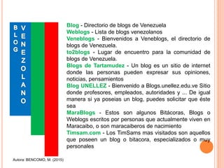 Blog - Directorio de blogs de Venezuela
Weblogs - Lista de blogs venezolanos
Veneblogs - Bienvenidos a Veneblogs, el directorio de
blogs de Venezuela.
to2blogs - Lugar de encuentro para la comunidad de
blogs de Venezuela.
Blogs de Tartamudez - Un blog es un sitio de internet
donde las personas pueden expresar sus opiniones,
noticias, pensamientos
Blog UNELLEZ - Bienvenido a Blogs.unellez.edu.ve Sitio
donde profesores, empleados, autoridades y ... De igual
manera si ya poseias un blog, puedes solicitar que éste
sea
MaraBlogs - Estos son algunos Bitácoras, Blogs o
Weblogs escritos por personas que actualmente viven en
Maracaibo, o son maracaiberos de nacimiento
Timsam.com - Los TimSams mas visitados son aquellos
que poseen un blog o bitacora, especializados o muy
personales
Autora: BENCOMO, M. (2015)
 