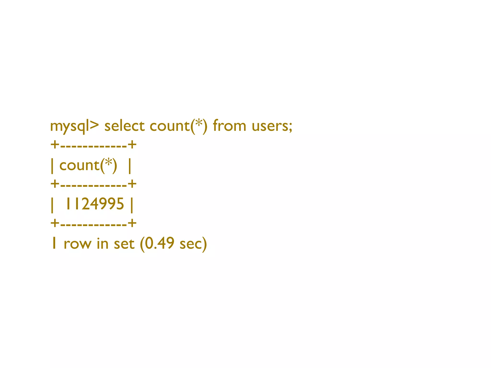 mysql> select count(*) from users;
+------------+
| count(*) |
+------------+
| 1124995 |
+------------+
1 row in set (0.49 sec)
 