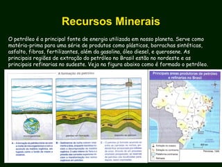 Recursos Minerais
O petróleo é a principal fonte de energia utilizada em nosso planeta. Serve como
matéria-prima para uma série de produtos como plásticos, borrachas sintéticas,
asfalto, fibras, fertilizantes, além da gasolina, óleo diesel, e querosene. As
principais regiões de extração do petróleo no Brasil estão no nordeste e as
principais refinarias no sudeste. Veja na figura abaixo como é formado o petróleo.
 