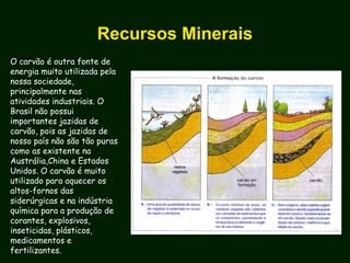 Recursos Minerais
O carvão é outra fonte de
energia muito utilizada pela
nossa sociedade,
principalmente nas
atividades industriais. O
Brasil não possui
importantes jazidas de
carvão, pois as jazidas de
nosso país não são tão puras
como as existente na
Austrália,China e Estados
Unidos. O carvão é muito
utilizado para aquecer os
altos-fornos das
siderúrgicas e na indústria
química para a produção de
corantes, explosivos,
inseticidas, plásticos,
medicamentos e
fertilizantes.
 