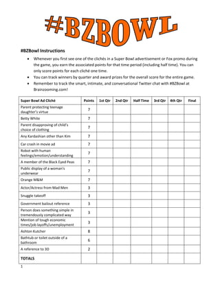 

 

 

 
#BZBowl Instructions 
            Whenever you first see one of the clichés in a Super Bowl advertisement or Fox promo during 
             the game, you earn the associated points for that time period (including half time). You can 
             only score points for each cliché one time. 
            You can track winners by quarter and award prizes for the overall score for the entire game. 
            Remember to track the smart, intimate, and conversational Twitter chat with #BZBowl at 
             Brainzooming.com! 

Super Bowl Ad Cliché                     Points    1st Qtr    2nd Qtr    Half Time  3rd Qtr  4th Qtr    Final 
Parent protecting teenage 
                                           7                                                               
daughter’s virtue 
Betty White                                7                                                               
Parent disapproving of child’s 
                                           7                                                               
choice of clothing 
Any Kardashian other than Kim              7                                                               

Car crash in movie ad                      7                                                               
Robot with human 
                                           7                                                               
feelings/emotion/understanding 
A member of the Black Eyed Peas            7                                                               
Public display of a woman's 
                                           7                                                               
underwear 
Orange M&M                                 7                                                               

Actor/Actress from Mad Men                 3                                                               

Snuggle takeoff                            3                                                               

Government bailout reference               3                                                               
Person does something simple in 
                                           3                                                               
tremendously complicated way 
Mention of tough economic 
                                           3                                                               
times/job layoffs/unemployment 
Ashton Kutcher                             8                                                               
Bathtub or toilet outside of a 
                                           6                                                               
bathroom 
A reference to 3D                          2                                                               
                                             
TOTALS                                                                                                     
                                             
1 
 