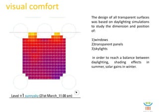 visual comfort
                 The design of all transparent surfaces
                 was based on daylighting simulations
                 to study the dimension and position
                 of:

                 1)windows
                 2)transparent panels
                 3)skylights

                  in order to reach a balance between
                 daylighting, shading effects in
                 summer, solar gains in winter.
 
