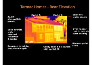 Tarmac Homes - Rear Elevation
                      Code 6           Code 4             Solar hot
22.0m2                                                    water panels
photovoltaic
panels



Solid aircrete                                            Over-hanger
wall,                                                     roof to provide
external                                                  solar shading
insulation
& render

                                                          Biomass pellet
Sunspace for winter                                       store
                               Cavity brick & blockwork
passive solar gain             with partial fill
 