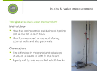 In-situ U-value measurement



Test gives: In-situ U-value measurement
Methodology
  Heat flux testing carried out during co-heating
  test in one flat in each block
  Heat loss measured across north-facing
  external walls and also party walls

Observations
  The difference in measured and calculated
  U-values is similar to tests of this nature
  A party wall bypass was noted in both blocks


                                                                15
 