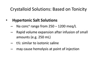 Crystalloid Solutions: Based on Tonicity 
• Hypertonic Salt Solutions 
– Na concn range from 250 – 1200 meq/L 
– Rapid volume expansion after infusion of small 
amounts (e.g. 250 mL) 
– t½: similar to isotonic saline 
– may cause hemolysis at point of injection 
 
