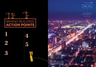 Photograph by Paul Reiffer
Food and Drink / BEER5 The Categories
BrandZ™ Top 100 Most Valuable Global Brands 2017
BRAND BUILDING
ACTION POINTS
1
2
3
4
5
Command leadership
Rather than reacting to craft, set the
pace, improving taste and the on-
trade and off-trade experience.
Be consistent
It is ﬁne to have several marketing
initiatives at the same time, as is
often the case, but not coordinating
them leads to confusion.
Reach millennials,
but not only millennials
Brands know best how to reach
young to middle-aged male
drinkers, but reaching those drinkers
alone leaves a lot of opportunity on
the table. Potential consumers also
include older drinkers who have
more time and money, and curiosity
about new experiences.
Beware of potential
disruptors
These include alcoholic sodas and,
in the US, even legalized marijuana.
Grow the category
Success will depend not only on
the appeal of individual brands but
also on the health of the category.
Develop innovations and strategies
to grow the market.
205204
BEIJING - CHINA
Value of all Chinese
brands in Global Top 100
$406.0 BILLION
 