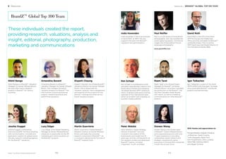 Resources / BRANDZ™ GLOBAL TOP 100 TEAM
Igor Tolkachev
Igor Tolkachev is a part of The Store
WPP’s EMEA and Asia team. He leads
and coordinates BrandZ™ worldwide
projects and partnerships.
Paul Reiffer
Paul is a multi-award winning British
photographer, who has travelled the
world capturing people, commercial
images and limited edition ﬁne art
landscape photography
www.paulreiffer.com
Peter Walshe
Peter Walshe is Global Strategy
Director of BrandZ™ and was
involved in the creation of this
brand equity and insight tool 19
years ago, and has contributed to all
the valuation studies and developed
BrandZ™ metrics, including
CharacterZ, TrustR, and RepZ.
David Roth
David Roth is the CEO of the Store
WPP for Europe, the Middle East,
Africa and Asia, and leads the BrandZ™
worldwide project. Prior to joining
WPP David was main Board Director of
the international retailer, B&Q.
Ken Schept
Ken Schept is a professional writer
and editor specializing in reports and
books about brands and marketing.
He helped develop WPP’s extensive
library of global publications and has
reported on the international retail
sector as an editor with a leading US
business media publisher.
Raam Tarat
Raam Tarat is the Global Project
Manager for BrandZ™, at Kantar
Millward Brown. He project managed
the production of the BrandZ™ Top
100 Most Valuable Global Brands
2017 report, as well as marketing
communications for other BrandZ™
projects.
Doreen Wang
Doreen Wang is the Global Head
of BrandZ™, Kantar Millward Brown
and a seasoned executive with over
17 years experience in providing
outstanding market research and
strategic consulting for senior
executives in Fortune 500 companies
in both the US and China.
With thanks and appreciation to:
Richard Ballard, Deepak Chhabra,
Jo Bowman, Sarah Cousins,
Tuhin Dasgupta, Dede Fitch,
Kim Fitzsimmons, Chris Luckens,
Nikhil Mall, Anthony Marris
and Megan Schmid
6 Resources
BrandZ™ Global Top 100 Team
These individuals created the report,
providing research, valuations, analysis and
insight, editorial, photography, production,
marketing and communications
Amandine Bavent
Amandine Bavent is a BrandZ™
Valuation Manager for Kantar Millward
Brown. She manages the brand
valuation projects for BrandZ™ Her
role involves conducting ﬁnancial
analysis, researching brands and
performing valuations.
Nikhil Banga
Nikhil Banga is a BrandZ™ Valuation
Manager for Kantar Millward Brown.
He looks after brand valuation
projects in BrandZ™ for various
countries.
Martin Guerrieria
Martin Guerrieria is Global BrandZ™
Research Director at Kantar Millward
Brown and heads the consumer
research component of BrandZ™. He
is involved in delivering the full suite of
BrandZ™ research tools.
Lucy Edgar
Lucy Edgar is the Global Marketing
Manager at Kantar Millward Brown
where she is responsible for the PR,
marketing and communications on
the BrandZ™ projects.
India Hovenden
India Hovenden is Personal Assistant
to David Roth, at WPP. She also
supports the team with BrandZ™
valuations and administration.
Elspeth Cheung
Elspeth Cheung is the Global BrandZ™
Valuation Director for Kantar Millward
Brown. She is responsible for
valuation, analysis, client management
and external communication for the
BrandZ™ rankings and other ad hoc
brand valuation projects.
Jessika Duggal
Jessika Duggal is a Marketing
Executive at WPP The Store assisting
with communication, microsite and
application creation for global events.
She also supports marketing logistics
for the BrandZ™ valuations.
BrandZ™ Top 100 Most Valuable Global Brands 2017 313312
 