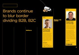 3 Disruption & Change Disruption & Change / BUSINESS-TO-BUSINESS
The distinction between
business-to-business (B2B)
and business-to-consumer
(B2C) brands continues to
blur because of increased
collaboration and disruption.
The emergence of technologies
such as the Internet of Things
and autonomous cars has
accelerated collaboration.
Cloud computing has
disrupted the IT structure of
the workplace, decentralizing
purchasing and introducing
more consumer devices.
Brands continue
to blur border
dividing B2B, B2C
Business brands adopt consumer brand-building skills
The BrandZ™ B2B Top 20 ranking
reﬂects this blurring. The ranking
includes the highest-value brands
in the BrandZ™ Global Top 100 that
generate over half their revenues from
business clients. Nine of the B2B Top
20 are technology brands, four are
banks, and seven are divided among
these categories: logistics, oil and gas,
and conglomerates.
Few brands are purely B2B. Microsoft
and IBM, ranked ﬁrst and second in
the B2B Top 20, are primarily business
brands, but they also have consumer-
facing operations, particularly
Microsoft, and they collaborate with
B2C brands. Conversely, the ﬁrst- and
second-ranked brands in the Global
Top 100, Google and Apple, are
primarily B2C brands, but they also
gain revenue from business clients.
Amazon, No. 4 after Microsoft in
the BrandZ™ Global Top 100, is the
paradigmatic disruptor. Its consumer-
facing e-commerce business has
transformed retail, while its delivery
service challenges logistics brands
and its replenishment technology
threatens fast-moving consumer-
product brands.
Catching up
The B2B brands have some catching
up to do. Over the past 12 years, the
BrandZ™ B2C Top 20 increased in
brand value 233 percent, more than
twice the rate of the BrandZ™ B2B
Top 20 brands, which increased 90
percent. And the B2B brands lagged
the B2C brands in each of the ﬁve
BrandZ™ Vital Signs: Innovation,
Communications, Brand Experience,
Brand Purpose, and Love. High scores
in these indicators mean that a brand
is perceived as Meaningfully Different
and has a better chance of growing
market share and commanding a price
premium.
Recent results suggest that B2B
brands may be narrowing the gap
in the rate of value growth. Over
the past year, both the Top 20 B2B
and B2C brands increased in value
at virtually the same rate, 11 percent
and 10 percent. Several factors
may account for this phenomenon,
including the disruptive nature of the
year, which touched all categories,
and the fact that the annual value
growth of some of the large B2C
technology brands slowed. However,
the comparable value growth
rates may also reﬂect the increase
in crossover collaboration and
aggressive efforts by B2B brands to
adopt B2C skills in communications
and customer cultivation and
management.
Adopting a B2C
mentality
To narrow the gap, more B2B brands
may need to emulate the way in which
B2C brands segment their markets
and interact with customers. The
default B2B market segmentations
that group together small, medium,
and large companies are not always
most effective, especially when B2B
brands serve their small customers
with technology, their large customers
with human interaction, and the
medium-sized customers with a
combined approach.
Similarly, some large organizations
with both consumer and commercial
businesses market the same products
one way to corporate clients and a
different way to consumers. They
emphasize the corporate name with
commercial clients, as a service
reassurance, while they promote
their individual brands to consumers.
Ultimately, brands need to cultivate
communication and brand-building
skills to serve both business and
consumer customers.
The logistics brands in the BrandZ™
B2B Top 20—UPS, FedEx, and
DHL—have adopted some B2C
lessons, perhaps because the rise of
e-commerce has placed them face to
face with consumers. UPS added new
dimensions to the brand with a richer
story about being a problem solver,
especially for small businesses that
lack expertise and resources.
BrandZ™ Top 100 Most Valuable Global Brands 2017
Business-to-Business
INSIGHT
Brands attempt
to develop B2B
side of business
We’re seeing that a lot of brands
that already straddle consumer
and business are putting more
emphasis on the business sector.
They see opportunity there and,
because they’ve focused on the
consumer market so far, they’re
ﬁnding it more difficult to grow
share just slugging it out with the
competition. B2B is potentially
an underdeveloped part of their
business.
Gareth Richards
Group Partner
OgilvyOne Business
Gareth.Richards@ogilvy.com
INSIGHT
Disruptors force
traditional B2Bs
to be more agile
B2B brands need to prove their
credentials in ways that consumer
brands don’t have to. In B2B, the
advertiser cannot portray a false
illusion, because the experience of
the product makes the brand.
B2B advertisers need to be
more multidimensional. That
poses a challenge to many of
the established brands that have
built their reputation around
reliability or seriousness. They
now need to be more agile and
adapt to changes in the industry.
It’s becoming more and more
difficult to be credible. In contrast,
a disruptor brand comes in and is
immediately, and believably, much
more agile, which builds credibility.
Anna Gilmour
Account Director
Maxus
Anna.Gilmour@maxusglobal.com
5958
 