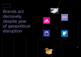 1 Introduction Introduction / OVERVIEW
What an unusual year.
Geopolitics, which typically
hums in the background of
daily life, became its loud
soundtrack. The surprises of
Brexit and the US election
demonstrated the power of
people to shape the destinies
of nations—and potentially
brands, which could not avoid
the reverberations. Still, decisive
brand-building activities took
place across categories.
Brands act
decisively,
despite year
of geopolitical
disruption
Value of BrandZ™ Global Top 100 increases 8%
Some consumers, especially young
people, expected brands to take a
stand. Although most brands avoided
becoming directly embroiled in
controversy, the scrutiny prompted
discussion of Brand Purpose. Leading
technology brands—including Apple,
Google, Facebook, and Microsoft—
publicly opposed the Trump
administration’s immigration policy,
saying it contradicted their values and
their need for a diverse workforce.
Other brands, such as Coca-Cola,
Starbucks, Nike, and Ford also spoke
up for inclusion.
BrandZ™ Top 100 Most Valuable Global Brands 2017
Overview
Despite the disruption, the BrandZ™
Top 100 brands performed well,
increasing 8 percent in brand value
to $3.6 trillion, following a 3 percent
rise a year ago. Seven categories
rose moderately in value, and ﬁve
categories declined or registered no
change in value. Two categories—
retail (driven by Amazon and Alibaba)
and technology—increased by
double-digits.
The fastest-rising
brand, Adidas,
increased 58 percent
in value, because
its retro sneakers
connected perfectly
with the fashion moment and the
brand made operational and marketing
changes to strengthen its US business.
The fastest-rising
category, retail,
rose 14 percent. But
beyond the numbers,
the category faced
new turbulence, as
both Amazon and Alibaba prepared to
open extensive networks of physical
stores, and Walmart acquired an
e-commerce startup.
Twenty years after
its IPO, Amazon
grew 41 percent in
value, and rose three
ranks to enter the
Global Top 5 at No.
4, after Google, Apple, and Microsoft,
and ahead of Facebook. Tencent, the
Chinese internet portal, also rose three
ranks to enter the Top 10 at No. 8.
1514
The North American
Top 10 brands led the
Top 10 of all regions
in value growth, with
a 12 percent increase,
driven by technology.
The Top 10 brands in most regions
improved, except for the UK, where
global bank performance slowed value
growth. Partly because of technology,
the US continued to dominate the
Global Top 100, with 54 brands
contributing 71 percent of the value.
 
