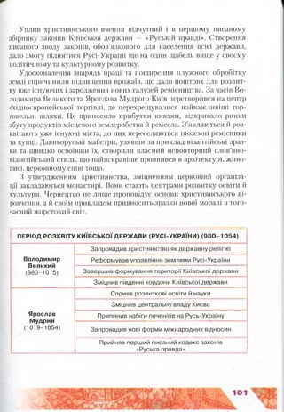 Уплив християнського вчення відчутний і в першому писаному
збірнику законів Київської держави — «Руській правді». Створення
писаного зводу законів, обов’язкового для населення всієї держави,
дало змогу піднятися Русі-Україні ще на один щабель вище у своєму
політичному та культурному розвитку.
Удосконалення знарядь праці та поширення плужного обробітку
землі спричинили підвищення врожаїв, що дало поштовх для розвит­
ку вже існуючих і зародження нових галузей ремісництва. За часів Во­
лодимира Великого та Ярослава Мудрого Київ перетворився на центр
східноєвропейської торгівлі, де перехрещувалися найважливіші тор­
говельні шляхи. Це приносило прибутки князям, відкривало ринки
збуту продуктів місцевого землеробства й ремесла. З’являються й роз­
квітають уже існуючі міста, до них переселяються іноземні ремісники
та купці. Давньоруські майстри, узявши за приклад візантійські зраз­
ки та швидко освоївши їх, створили власний неповторний слов’яно-
візантійський стиль, що найяскравіше проявився в архітектурі, живо­
писі, церковному співі тощо.
З утвердженням християнства, зміцненням церковної організа­
ції закладаються монастирі. Вони стають центрами розвитку освіти й
культури. Чернецтво не лише проповідує основи християнського ві­
ровчення, а й своїм прикладом привносить зразки нової моралі в того­
часний жорстокий світ.
ПЕРІОД РОЗКВІТУ КИЇВСЬКОЇ ДЕРЖАВИ (РУСІ-УКРАЇНИ) (980-1054)
............. ■---- ---------
Володимир
Великий
(980-1015)
Запровадив християнство як державну релігію
Реформував управління землями Русі-України
Завершив формування території Київської держави
Зміцнив південні кордони Київської держави
Ярослав
Мудрий
(1019-1054)
Сприяв розвиткові освіти й науки
Зміцнив центральну владу Києва
Припинив набіги печенігів на Русь-Україну
Запровадив нові форми міжнародних відносин
Прийняв перший писаний кодекс законів
«Руська правда»
 