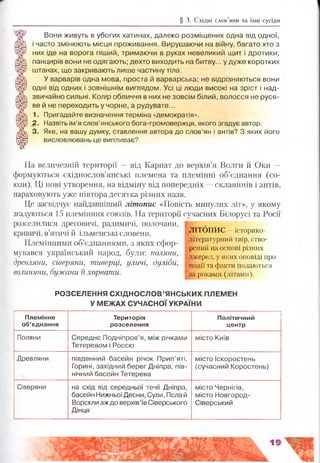 § 3. Східні слов’яни та їхні сусіди
Вони живуть в убогих хатинах, далеко розміщених одна від одної,
і часто змінюють місця проживання. Вирушаючи на війну, багато хто з
них іде на ворога піший, тримаючи в руках невеликий щит і дротики;
панцирів вони не одягають; дехто виходить на битву... у дуже коротких
штанах, що закривають лише частину тіла.
У варварів одна мова, проста й варварська; не відрізняються вони
одні від одних і зовнішнім виглядом. Усі ці люди високі на зріст і над­
звичайно сильні. Колір обличчя в них не зовсім білий, волосся не руся­
ве й не переходить у чорне, а рудувате...
1. Пригадайте визначення терміна «демократія».
2. Назвіть ім’я слов’янського бога-громовержця, якого згадує автор.
3. Яке, на вашу думку, ставлення автора до слов’ян і антів? З яких його
висловлювань це випливає?
На величезній терріторії — від Карпат до верхів’я Волги й Оки —
формуються східнослов’янські племена та племінні об’єднання (со­
юзи). Ці нові утворення, на відміну від попередніх —склавинів і антів,
нараховують уже півтора десятка різних назв.
Це засвідчує наіідавніший літопис «Повість минулих літ», у якому
згадуються 15 племінних союзів. На території сучасних Білорусі та Росії
розселилися дреговичі, радимичі, полочани,
кривичі, в’ятичі й ільменські словени.
Племінними об’єднаннями, з яких сфор­
мувався український народ, були: поляни,
древляни, сіверяни, тиверці, уличі, дуліби,
волиняни, бужани й хорвати.
ЛІТОПИС —історико-
*літературний твір, ство­
рений на основі різних
джерел, у яких оповіді про
події та факти подаються
за роками (літами).
РОЗСЕЛЕННЯ СХІДНОСЛОВ’ЯНСЬКИХ ПЛЕМЕН
У МЕЖАХ СУЧАСНОЇ УКРАЇНИ
Племінне
об’єднання
Територія
розселення
Політичний
центр
Поляни Середнє Подніпров’я, між річками
Тетеревом і Россю
місто Київ
Древляни південний басейн річок Прип’яті,
Горині, західний берег Дніпра, пів­
нічний басейн Тетерева
місто Іскоростень
(сучасний Коростень)
Сіверяни на схід від середньої течії Дніпра,
басейн НижньоїДесни, Сули, Пслай
Ворскли аждо верхів’їв Сіверського
Дінця
місто Чернігів,
місто Новгород-
Сіверський
 