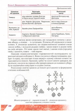 Розділ і . В и н и к н е н н я т а с т а н о в л е н н я Р у с і-У к р а їн и
Продовження табл.
Племінне Територія Політичний
об’єднання розселення центр
Тиверці
між нижніми течіями Дністра
й Прута аж до Чорного моря
фортеця Білгород над
Дністром
Уличі
між Нижнім Дністром, Південним
Бугом (Богом) і Дніпром
місто-порт Олешшя
в пониззі Дніпра
Волиняни, ду-
ліби, бужани
басейн річки Західний Буг
міста Волинь,
Пліснеськ
Хорвати
Карпати, басейн Середнього
та Верхнього Дністра
міста Теребовль, Галич,
Ужгород
Східні слов’яни жили племенами, які складалися спочатку з родо­
вих общин, а пізніше —із сусідських. Племена об’єднувалися в союзи
племен. У літописах зазначено, що східнослов’янські племінні союзи
«жили осібно, і володіли родами своїми, і жили кожен із родом своїм
на своїх місцях». Усі вони «мали свої звичаї, і закони отців (предків)
своїх, і заповіти, кожен —свій норов».
Знахідки східнослов’янських старожитностей підтверджують ха­
рактерні місцеві особливості. Вони стосуються обряду поховання, при­
крас та одягу, що властиві тільки якомусь одному союзові племен і не
трапляються в іншого. Бронзові, срібні чи золоті жіночі прикраси, які
вплітали у волосся на скронях або прикріплювали до головного убору,
були надзвичайно популярні в східних слов’ян.
Розселення слов’ян привело до їхнього роз’єднання та формування
етнічних особливостей.
б)
Жіночі прикраси: а) ~ скроневі кільця; б) —різновиди орнаменту,
властиві прикрасам у східних слов’ян
 