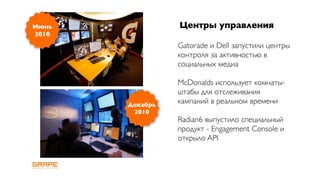 Июнь             Центры управления
2010
                 Gatorade и Dell запустили центры
                 контроля за активностью в
                 социальных медиа

                 McDonalds использует комнаты-
                 штабы для отслеживания
       Декабрь
                 кампаний в реальном времени
        2010
                 Radian6 выпустило специальный
                 продукт - Engagement Console и
                 открыло API
 