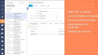Visão 360° do cliente
Local de trabalho do Agente
Gerenciamento de rotinas
Gerenciamento de
incidentes
Catálogo de serviços
 
