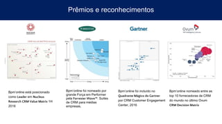 Bpm’online nomeado entre as
top 10 fornecedoras de CRM
do mundo no último Ovum
CRM Decision Matrix
Prêmios e reconhecimentos
Bpm’online está posicionado
como Leader em Nucleus
Research CRM Value Matrix 1H
2016
Bpm’online foi nomeado por
grande Força em Performer
pela Forrester Wave™: Suites
de CRM para médias
empresas,
Bpm’online foi incluído no
Quadrante Mágico do Gartner
por CRM Customer Engagement
Center, 2016
 
