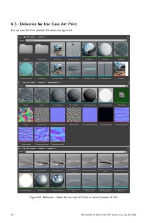 6.6. Deliveries for Use Case Art Print
For use case Art Print related UE4-assets see figure 6.8.
Figure 6.8.: Deliveries – Assets for use case Art Print in content browser of UE4
92 3D Content for Dream-Like VR, Version 2.2, July 10, 2019
 