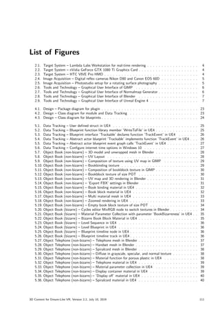 List of Figures
2.1. Target System – Lambda Labs Workstation for real-time rendering . . . . . . . . . . . . . . . . . . 4
2.2. Target System – nVidia GeForce GTX 1080 Ti Graphics Card . . . . . . . . . . . . . . . . . . . . . 4
2.3. Target System – HTC VIVE Pro HMD . . . . . . . . . . . . . . . . . . . . . . . . . . . . . . . . . 4
2.4. Image Acquisition – Digital reflex cameras Nikon D80 and Canon EOS 60D . . . . . . . . . . . . . 5
2.5. Image Acquisition – Photostudio setup for a rotating surface photography . . . . . . . . . . . . . . 5
2.6. Tools and Technology – Graphical User Interface of GIMP . . . . . . . . . . . . . . . . . . . . . . 6
2.7. Tools and Technology – Graphical User Interface of Normalmap Generator . . . . . . . . . . . . . . 6
2.8. Tools and Technology – Graphical User Interface of Blender . . . . . . . . . . . . . . . . . . . . . 7
2.9. Tools and Technology – Graphical User Interface of Unreal Engine 4 . . . . . . . . . . . . . . . . . 7
4.1. Design – Package diagram for plugin . . . . . . . . . . . . . . . . . . . . . . . . . . . . . . . . . . 23
4.2. Design – Class diagram for module and Data Tracking . . . . . . . . . . . . . . . . . . . . . . . . 23
4.3. Design – Class diagram for blueprints . . . . . . . . . . . . . . . . . . . . . . . . . . . . . . . . . . 24
5.1. Data Tracking – User defined struct in UE4 . . . . . . . . . . . . . . . . . . . . . . . . . . . . . . 25
5.2. Data Tracking – Blueprint function library member ’WriteToFile’ in UE4 . . . . . . . . . . . . . . . 25
5.3. Data Tracking – Blueprint interface ’Trackable’ declares function ’TrackEvent’ in UE4 . . . . . . . 26
5.4. Data Tracking – Abstract actor blueprint ’Trackable’ implements function ’TrackEvent’ in UE4 . . . 26
5.5. Data Tracking – Abstract actor blueprint event graph calls ’TrackEvent’ in UE4 . . . . . . . . . . . 27
5.6. Data Tracking – Configure internet time options in Windows 10 . . . . . . . . . . . . . . . . . . . 27
5.7. Object Book (non-bizarre) – 3D model and unwrapped mesh in Blender . . . . . . . . . . . . . . . 28
5.8. Object Book (non-bizarre) – UV Layout . . . . . . . . . . . . . . . . . . . . . . . . . . . . . . . . 28
5.9. Object Book (non-bizarre) – Composition of texture using UV map in GIMP . . . . . . . . . . . . 29
5.10. Object Book (non-bizarre) – Bookbinding texture . . . . . . . . . . . . . . . . . . . . . . . . . . . 29
5.11. Object Book (non-bizarre) – Composition of bookblock texture in GIMP . . . . . . . . . . . . . . . 30
5.12. Object Book (non-bizarre) – Bookblock texture of size POT . . . . . . . . . . . . . . . . . . . . . 30
5.13. Object Book (non-bizarre) – UV map and 3D rendering in Blender . . . . . . . . . . . . . . . . . . 31
5.14. Object Book (non-bizarre) – ’Export FBX’ settings in Blender . . . . . . . . . . . . . . . . . . . . 31
5.15. Object Book (non-bizarre) – Book binding material in UE4 . . . . . . . . . . . . . . . . . . . . . . 32
5.16. Object Book (non-bizarre) – Book block material in UE4 . . . . . . . . . . . . . . . . . . . . . . . 32
5.17. Object Book (non-bizarre) – Multi material mesh in UE4 . . . . . . . . . . . . . . . . . . . . . . . 33
5.18. Object Book (non-bizarre) – Zoomed rendering in UE4 . . . . . . . . . . . . . . . . . . . . . . . . 33
5.19. Object Book (non-bizarre) – Empty book block texture of size POT . . . . . . . . . . . . . . . . . 34
5.20. Object Book (bizarre) – Cycles editor MixRGB node to switch textures in Blender . . . . . . . . . . 34
5.21. Object Book (bizarre) – Material Parameter Collection with parameter ’BookBizarreness’ in UE4 . . 35
5.22. Object Book (bizarre) – Bizarre Book Block Material in UE4 . . . . . . . . . . . . . . . . . . . . . 35
5.23. Object Book (bizarre) – Level Sequence in UE4 . . . . . . . . . . . . . . . . . . . . . . . . . . . . 36
5.24. Object Book (bizarre) – Level Blueprint in UE4 . . . . . . . . . . . . . . . . . . . . . . . . . . . . 36
5.25. Object Book (bizarre) – Blueprint timeline node in UE4 . . . . . . . . . . . . . . . . . . . . . . . . 36
5.26. Object Book (bizarre) – Blueprint timeline track in UE4 . . . . . . . . . . . . . . . . . . . . . . . . 36
5.27. Object Telephone (non-bizarre) – Telephone mesh in Blender . . . . . . . . . . . . . . . . . . . . . 37
5.28. Object Telephone (non-bizarre) – Handset mesh in Blender . . . . . . . . . . . . . . . . . . . . . . 37
5.29. Object Telephone (non-bizarre) – Spiralcord mesh in Blender . . . . . . . . . . . . . . . . . . . . . 38
5.30. Object Telephone (non-bizarre) – Diffuse in grayscale, specular, and normal texture . . . . . . . . . 38
5.31. Object Telephone (non-bizarre) – Material function for porous plastic in UE4 . . . . . . . . . . . . 38
5.32. Object Telephone (non-bizarre) – Telephone material in UE4 . . . . . . . . . . . . . . . . . . . . . 39
5.33. Object Telephone (non-bizarre) – Material parameter collection in UE4 . . . . . . . . . . . . . . . 39
5.34. Object Telephone (non-bizarre) – Display container material in UE4 . . . . . . . . . . . . . . . . . 39
5.35. Object Telephone (non-bizarre) – ’Display off’ material in UE4 . . . . . . . . . . . . . . . . . . . . 40
5.36. Object Telephone (non-bizarre) – Spiralcord material in UE4 . . . . . . . . . . . . . . . . . . . . . 40
3D Content for Dream-Like VR, Version 2.2, July 10, 2019 111
 