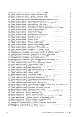 5.37. Object Telephone (non-bizarre) – Telephone static mesh in UE4 . . . . . . . . . . . . . . . . . . . 41
5.38. Object Telephone (non-bizarre) – Handset static mesh in UE4 . . . . . . . . . . . . . . . . . . . . 41
5.39. Object Telephone (non-bizarre) – Spiralcord static mesh in UE4 . . . . . . . . . . . . . . . . . . . 41
5.40. Object Telephone (non-bizarre) – Blueprint components in UE4 . . . . . . . . . . . . . . . . . . . 42
5.41. Object Telephone (non-bizarre) – Blueprint with components as assembly in UE4 . . . . . . . . . . 42
5.42. Object Telephone (bizarre) – Material parameter collection in UE4 . . . . . . . . . . . . . . . . . . 43
5.43. Object Telephone (bizarre) – Diffuse in grayscale, specular, and normal texture . . . . . . . . . . . 43
5.44. Object Telephone (bizarre) – Material function ’Plush’ in UE4 . . . . . . . . . . . . . . . . . . . . 43
5.45. Object Telephone (bizarre) – Material lerps from platic to plush in UE4 . . . . . . . . . . . . . . . 44
5.46. Object Telephone (bizarre) – Material function ’Telephone-Bizarre-Lerp-BaseColor’ in UE4 . . . . . 44
5.47. Object Telephone (bizarre) – Display container material in UE4 . . . . . . . . . . . . . . . . . . . . 45
5.48. Object Telephone (bizarre) – Spiralcord material in UE4 . . . . . . . . . . . . . . . . . . . . . . . 45
5.49. Object Telephone (bizarre) – Display material in UE4 . . . . . . . . . . . . . . . . . . . . . . . . . 46
5.50. Object Telephone (bizarre) – Emissive red light material in UE4 . . . . . . . . . . . . . . . . . . . 46
5.51. Object Telephone (bizarre) – Smoke particle system in UE4 . . . . . . . . . . . . . . . . . . . . . . 47
5.52. Object Telephone (bizarre) – Smoke material in UE4 . . . . . . . . . . . . . . . . . . . . . . . . . 47
5.53. Object Telephone (bizarre) – Blueprint in UE4 . . . . . . . . . . . . . . . . . . . . . . . . . . . . . 48
5.54. Object Telephone (bizarre) – Blueprint components in UE4 . . . . . . . . . . . . . . . . . . . . . . 48
5.55. Object Telephone (bizarre) – Blueprint variables in UE4 . . . . . . . . . . . . . . . . . . . . . . . . 48
5.56. Object Telephone (bizarre) – Blueprint construction script in UE4 . . . . . . . . . . . . . . . . . . 48
5.57. Object Telephone (bizarre) – Blueprint event graph in UE4 . . . . . . . . . . . . . . . . . . . . . . 49
5.58. Object Telephone (bizarre) – Timeline track for bizarreness in UE4 . . . . . . . . . . . . . . . . . . 50
5.59. Object Telephone (bizarre) – Timeline track for transform in UE4 . . . . . . . . . . . . . . . . . . 50
5.60. Object Coat Hook (non-bizarre) – Front view with collage as background image in Blender . . . . . 51
5.61. Object Coat Hook (non-bizarre) – Multi-material mesh and UV mapping in Blender . . . . . . . . . 51
5.62. Object Coat Hook (non-bizarre) – Diffuse texture for brushed metal material . . . . . . . . . . . . 52
5.63. Object Coat Hook (non-bizarre) – Brushed metal material in UE4 . . . . . . . . . . . . . . . . . . 52
5.64. Object Coat Hook (non-bizarre) – Blank metal material in UE4 . . . . . . . . . . . . . . . . . . . . 52
5.65. Object Coat Hook (non-bizarre) – Static multi-material Mesh and Sockets in UE4 . . . . . . . . . 53
5.66. Object Coat Hook (non-bizarre) – Blueprint in UE4 . . . . . . . . . . . . . . . . . . . . . . . . . . 53
5.67. Object Jacket (non-bizarre) – Front view of cutting pattern in Blender . . . . . . . . . . . . . . . . 54
5.68. Object Jacket (non-bizarre) – Seamless texture in GIMP . . . . . . . . . . . . . . . . . . . . . . . 54
5.69. Object Jacket (non-bizarre) – Diffuse, normal, specular and displacement texture . . . . . . . . . . 55
5.70. Object Jacket (non-bizarre) – Cloth material in UE4 . . . . . . . . . . . . . . . . . . . . . . . . . . 55
5.71. Object Jacket (non-bizarre) – Cloth material tex coord for U/V-tiling in UE4 . . . . . . . . . . . . 55
5.72. Object Jacket (non-bizarre) – FBX import options in UE4 . . . . . . . . . . . . . . . . . . . . . . 56
5.73. Object Jacket (non-bizarre) – Skeleton in UE4 . . . . . . . . . . . . . . . . . . . . . . . . . . . . . 56
5.74. Object Jacket (non-bizarre) – Skeletal mesh in UE4 . . . . . . . . . . . . . . . . . . . . . . . . . . 56
5.75. Object Jacket (non-bizarre) – Create physics asset from skeletal mesh in UE4 . . . . . . . . . . . . 57
5.76. Object Jacket (non-bizarre) – New physics asset dialogue in UE4 . . . . . . . . . . . . . . . . . . . 57
5.77. Object Jacket (non-bizarre) – Physics asset with collision geometry in UE4 . . . . . . . . . . . . . 57
5.78. Object Jacket (non-bizarre) – Physics asset assigned to skeletal mesh in UE4 . . . . . . . . . . . . 57
5.79. Object Jacket (non-bizarre) – Cloth paint of cardigan in UE4 . . . . . . . . . . . . . . . . . . . . . 58
5.80. Object Jacket (non-bizarre) – Cloth paint detail of cardigan (left) and hanger loop (right) in UE4 . 58
5.81. Object Jacket (non-bizarre) – Cloth configuration in UE4 . . . . . . . . . . . . . . . . . . . . . . . 58
5.82. Object Jacket (non-bizarre) – Static mesh with collision hull in UE4 . . . . . . . . . . . . . . . . . 59
5.83. Object Jacket (non-bizarre) – Blueprint inheritance in UE4 . . . . . . . . . . . . . . . . . . . . . . 59
5.84. Object Jacket (non-bizarre) – Blueprint with component parameters for static mesh in UE4 . . . . 59
5.85. Object Jacket (bizarre) – Blueprint inheritance in UE4 . . . . . . . . . . . . . . . . . . . . . . . . 60
5.86. Object Jacket (bizarre) – Blueprint components in UE4 . . . . . . . . . . . . . . . . . . . . . . . . 60
5.87. Object Jacket (bizarre) – Blueprint with component parameters for skeletal mesh in UE4 . . . . . . 60
5.88. Object Jacket (bizarre) – Component parameters for skeletal mesh in UE4 . . . . . . . . . . . . . . 61
5.89. Object Jacket (bizarre) – Blueprint variable and default value in UE4 . . . . . . . . . . . . . . . . . 62
5.90. Object Jacket (bizarre) – Blueprint event graph in UE4 . . . . . . . . . . . . . . . . . . . . . . . . 62
5.91. Object Marker Pen (non-bizarre) – 3D model and unwrapped mesh in Blender . . . . . . . . . . . . 63
5.92. Object Marker Pen (non-bizarre) – UV Layout . . . . . . . . . . . . . . . . . . . . . . . . . . . . . 63
5.93. Object Marker Pen (non-bizarre) – Label image acquisition . . . . . . . . . . . . . . . . . . . . . . 64
112 3D Content for Dream-Like VR, Version 2.2, July 10, 2019
 