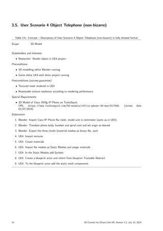 3.5. User Scenario 4 Object Telephone (non-bizarre)
Table 3.6.: Concept – Description of User Scenario 4 Object Telephone (non-bizarre) in fully dressed format
Scope: 3D Model
Stakeholders and Interests:
ˆ Researcher: Render object in UE4 project.
Preconditions:
ˆ 3D modelling editor Blender running
ˆ Game editor UE4 with demo project running
Postconditions (success guarantee):
ˆ Textured mesh rendered in UE4
ˆ Reasonable texture resolution according to rendering performance
Special Requirements:
ˆ 3D Model of Cisco 7970g IP Phone on TurboSquid,
URL: https://www.turbosquid.com/3d-models/office-phone-3d-max/617648, (access date
03/07/2019)
Elaboration:
1. Blender: Import Cisco IP Phone fbx mesh, model unit in centimeter (same as in UE4)
2. Blender: Translate phone body, handset and spiral cord and set origin as desired
3. Blender: Export the three (multi-)material meshes as binary fbx, each
4. UE4: Import textures
5. UE4: Create materials
6. UE4: Import fbx meshes as Static Meshes and assign materials
7. UE4: In the Static Meshes add Sockets
8. UE4: Create a blueprint actor and inherit from blueprint Trackable Abstract
9. UE4: To the blueprint actor add the static mesh components
14 3D Content for Dream-Like VR, Version 2.2, July 10, 2019
 