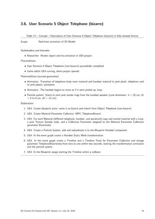 3.6. User Scenario 5 Object Telephone (bizarre)
Table 3.7.: Concept – Description of User Scenario 5 Object Telephone (bizarre) in fully dressed format
Scope: Real-time animation of 3D Model
Stakeholders and Interests:
ˆ Researcher: Render object and its animation in UE4 project
Preconditions:
ˆ User Scenario 4 Object Telephone (non-bizarre) successfully completed
ˆ Game editor UE4 running, demo project opened
Postconditions (success guarantee):
ˆ Animation: Transition of telephone body main material and handset material to pink plush, telephone cord
to pink plastic; persistent
ˆ Animation: The handset begins to move as if it were picked up; loop
ˆ Particle system: Starts to emit pink smoke rings from the handset speaker (cone dimension: h = 25 cm, d1
= 5 to 6 cm, d2 = 12 cm)
Elaboration:
1. UE4: Create blueprint actor, name it as bizarre and inherit from Object Telephone (non-bizarre)
2. UE4: Create Material Parameter Collection ’MPC TelephoneBizarre’
3. UE4: For each Material (different telephone, handset, and spiralcord) copy and extend material with a Lerp,
a pink Texture Sample node, and a Collection Parameter assigned to the Material Parameter Collection
parameter Bizarreness
4. UE4: Create a Particle System, add and subordinate it to the Blueprint Handset component
5. UE4: In the event graph create a Handset Static Mesh transformation
6. UE4: In the event graph create a Timeline and a Timeline Track for Parameter Collection and change
parameter TelephoneBizarreness from zero to one within two seconds, starting the transformation animation
and the particle system
7. UE4: In the Blueprint assign starting the Timeline within a collision
3D Content for Dream-Like VR, Version 2.2, July 10, 2019 15
 