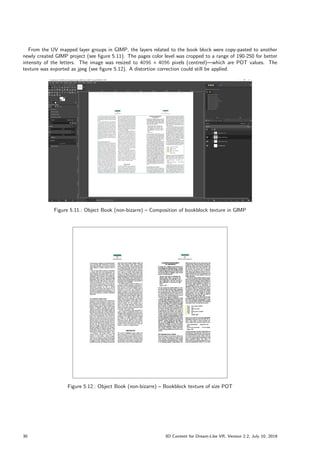 From the UV mapped layer groups in GIMP, the layers related to the book block were copy-pasted to another
newly created GIMP project (see figure 5.11). The pages color level was cropped to a range of 190-250 for better
intensity of the letters. The image was resized to 4096  4096 pixels (centred)—which are POT values. The
texture was exported as jpeg (see figure 5.12). A distortion correction could still be applied.
Figure 5.11.: Object Book (non-bizarre) – Composition of bookblock texture in GIMP
Figure 5.12.: Object Book (non-bizarre) – Bookblock texture of size POT
30 3D Content for Dream-Like VR, Version 2.2, July 10, 2019
 