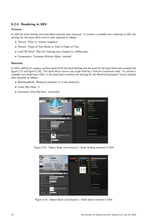 5.2.4. Rendering in UE4
Textures
In UE4 the book binding and book block textures were imported. To achieve a readable text rendering in UE4, the
settings for the book block texture were adjusted as follows:
ˆ Texture: Filter to ’nearest neighbour’
ˆ Texture: Power of Two Mode to ’Pad to Power of Two’
ˆ Level Of Detail: Mip Gen Settings was changed to ’noMipmaps’
ˆ Compression: Compress Without Alpha ’checked’
Materials
In UE4 a default lit, opaque, surface material for the book binding and the same for the book block was created (see
figure 5.15 and figure 5.16). The book block texture was single tiled by a Texture Coordinate node. To achieve a
readable text rendering in UE4, in the book block material the settings for the Material Expression Texture Sample
were adjusted as follows:
ˆ MipValueMode: MipLevel (absolute, 0 is full resolution)
ˆ Const Mip Value: 0
ˆ Automatic View Mip Bias: unchecked
Figure 5.15.: Object Book (non-bizarre) – Book binding material in UE4
Figure 5.16.: Object Book (non-bizarre) – Book block material in UE4
32 3D Content for Dream-Like VR, Version 2.2, July 10, 2019
 