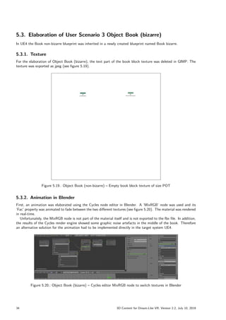 5.3. Elaboration of User Scenario 3 Object Book (bizarre)
In UE4 the Book non-bizarre blueprint was inherited in a newly created blueprint named Book bizarre.
5.3.1. Texture
For the elaboration of Object Book (bizarre), the text part of the book block texture was deleted in GIMP. The
texture was exported as jpeg (see figure 5.19).
Figure 5.19.: Object Book (non-bizarre) – Empty book block texture of size POT
5.3.2. Animation in Blender
First, an animation was elaborated using the Cycles node editor in Blender. A ’MixRGB’ node was used and its
’Fac’ property was animated to fade between the two different textures (see figure 5.20). The material was rendered
in real-time.
Unfortunately, the MixRGB node is not part of the material itself and is not exported to the fbx file. In addition,
the results of the Cycles render engine showed some graphic noise artefacts in the middle of the book. Therefore
an alternative solution for the animation had to be implemented directly in the target system UE4.
Figure 5.20.: Object Book (bizarre) – Cycles editor MixRGB node to switch textures in Blender
34 3D Content for Dream-Like VR, Version 2.2, July 10, 2019
 