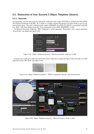 5.5. Elaboration of User Scenario 5 Object Telephone (bizarre)
5.5.1. Materials
For bizarreness, first the color pink was used which is defined as Hex triplet #FFC0CB or as Red Green Blue (RGB)
255,192,203 normalized to [0–255]. At a review in a weekly meeting the decision has been made to use not the
color pink but plum. The color is defined as Hex triplet #DDA0DD or as RGB 221,160,221—normalized to [0–255]
(cp. [W3C, CSS Color Module Level 3]). This corresponds to Hex sRGB DDA0DDFF in UE4.
To Material Parameter Collection ’MPC Telephone’ a scalar parameter ’Bizarreness’ and a vector parameter
’BizarreColor’ was added (see figure 5.42).
Figure 5.42.: Object Telephone (bizarre) – Material parameter collection in UE4
A texture for a fluffy terry cloth was found and texture maps were created (see figure 5.43) and used in an UE4
material function ’MF Plush’ (see figure 5.44).
Figure 5.43.: Object Telephone (bizarre) – Diffuse in grayscale, specular, and normal texture
Figure 5.44.: Object Telephone (bizarre) – Material function ’Plush’ in UE4
3D Content for Dream-Like VR, Version 2.2, July 10, 2019 43
 