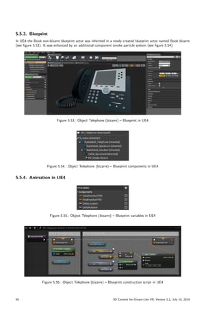 5.5.3. Blueprint
In UE4 the Book non-bizarre blueprint actor was inherited in a newly created blueprint actor named Book bizarre
(see figure 5.53). It was enhanced by an additional component smoke particle system (see figure 5.54).
Figure 5.53.: Object Telephone (bizarre) – Blueprint in UE4
Figure 5.54.: Object Telephone (bizarre) – Blueprint components in UE4
5.5.4. Animation in UE4
Figure 5.55.: Object Telephone (bizarre) – Blueprint variables in UE4
Figure 5.56.: Object Telephone (bizarre) – Blueprint construction script in UE4
48 3D Content for Dream-Like VR, Version 2.2, July 10, 2019
 