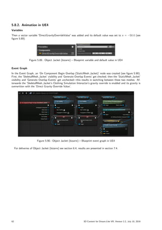 5.8.2. Animation in UE4
Variables
Then a vector variable ”
DirectGravityOverrideValue” was added and its default value was set to x = 50:0 (see
figure 5.89).
Figure 5.89.: Object Jacket (bizarre) – Blueprint variable and default value in UE4
Event Graph
In the Event Graph, an ’On Component Begin Overlap (StaticMesh Jacket)’ node was created (see figure 5.90).
First, the ’SkeletalMesh Jacket’ visibility and ’Generate Overlap Events’ get checked, then the ’StaticMesh Jacket’
visibility and ’Generate Overlap Events’ get unchecked—this results in switching between these two meshes. Af-
terwards the ’SkeletalMesh Jacket’s Clothing Simulation Interactor’s gravity override is enabled and its gravity is
overwritten with the ’Direct Gravity Override Value’.
Figure 5.90.: Object Jacket (bizarre) – Blueprint event graph in UE4
For deliveries of Object Jacket (bizarre) see section 6.4, results are presented in section 7.4.
62 3D Content for Dream-Like VR, Version 2.2, July 10, 2019
 