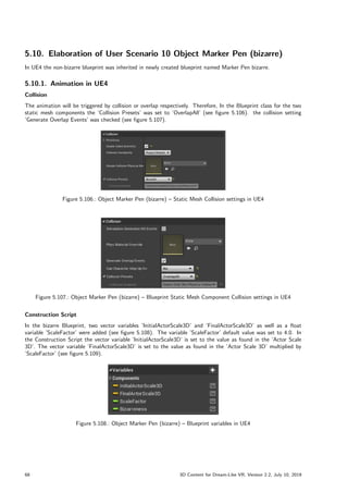 5.10. Elaboration of User Scenario 10 Object Marker Pen (bizarre)
In UE4 the non-bizarre blueprint was inherited in newly created blueprint named Marker Pen bizarre.
5.10.1. Animation in UE4
Collision
The animation will be triggered by collision or overlap respectively. Therefore, In the Blueprint class for the two
static mesh components the ’Collision Presets’ was set to ’OverlapAll’ (see figure 5.106). the collision setting
’Generate Overlap Events’ was checked (see figure 5.107).
Figure 5.106.: Object Marker Pen (bizarre) – Static Mesh Collision settings in UE4
Figure 5.107.: Object Marker Pen (bizarre) – Blueprint Static Mesh Component Collision settings in UE4
Construction Script
In the bizarre Blueprint, two vector variables ’InitialActorScale3D’ and ’FinalActorScale3D’ as well as a float
variable ’ScaleFactor’ were added (see figure 5.108). The variable ’ScaleFactor’ default value was set to 4.0. In
the Construction Script the vector variable ’InitialActorScale3D’ is set to the value as found in the ’Actor Scale
3D’. The vector variable ’FinalActorScale3D’ is set to the value as found in the ’Actor Scale 3D’ multiplied by
’ScaleFactor’ (see figure 5.109).
Figure 5.108.: Object Marker Pen (bizarre) – Blueprint variables in UE4
68 3D Content for Dream-Like VR, Version 2.2, July 10, 2019
 