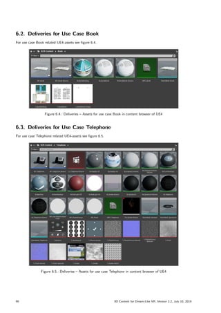 6.2. Deliveries for Use Case Book
For use case Book related UE4-assets see figure 6.4.
Figure 6.4.: Deliveries – Assets for use case Book in content browser of UE4
6.3. Deliveries for Use Case Telephone
For use case Telephone related UE4-assets see figure 6.5.
Figure 6.5.: Deliveries – Assets for use case Telephone in content browser of UE4
90 3D Content for Dream-Like VR, Version 2.2, July 10, 2019
 