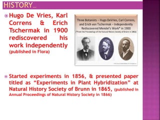  Started experiments in 1856, & presented paper
titled as “Experiments in Plant Hybridization” at
Natural History Society of Brunn in 1865, (published in
Annual Proceedings of Natural History Society in 1866)
 Hugo De Vries, Karl
Correns & Erich
Tschermak in 1900
rediscovered his
work independently
(published in Flora)
 