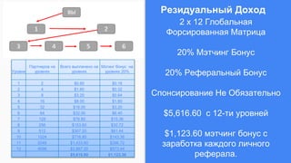2 x 12 Глобальная
Форсированная Матрица
20% Мэтчинг Бонус
20% Реферальный Бонус
Спонсирование Не Обязательно
$5,616.60 с 12-ти уровней
$1,123.60 мэтчинг бонус с
заработка каждого личного
реферала.
Резидуальный Доход
Уровни
Партнеров на
уровнях
Всего выплачено на
уровнях
Мэтинг бонус на
уровнях 20%
1 2 $0.80 $0.16
2 4 $1.60 $0.32
3 8 $3.20 $0.64
4 16 $8.00 $1.60
5 32 $16.00 $3.20
6 64 $32.00 $6.40
7 128 $76.80 $15.36
8 256 $153.60 $30.72
9 512 $307.20 $61.44
10 1024 $716.80 $143.36
11 2048 $1,433.60 $286.72
12 4096 $2,867.20 $573.44
$5,616.80 $1,123.36
 