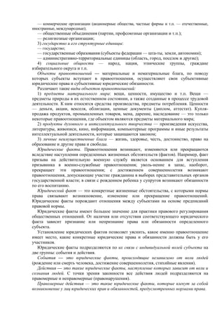 — коммерческие организации (акционерные общества, частные фирмы и т.п. — отечественные,
иностранные, международные);
— общественные объединения (партии, профсоюзные организации и т.п.);
— религиозные организации;
3) государство и его структурные единицы:
— государство;
— государственные образования (субъекты федерации — шта-ты, земли, автономии);
— административно-территориальные единицы (область, город, поселок и другие);
4) социальные общности — народ, нация, этнические группы, граждане
избирательного округа и т.п.
Объекты правоотношений — материальные и нематериальные блага, по поводу
которых субъекты вступают в правоотношения, осуществляют свои субъективные
юридические права и субъективные юридические обязанности.
Различают такие виды объектов правоотношений:
1) предметы материального мира: вещи, ценности, имущество и т.п. Вещи —
предметы природы в их естественном состоянии, а также созданные в процессе трудовой
деятельности. К ним относятся средства производства, предметы потребления. Ценности
— деньги, акции, векселя, облигации, ценные документы (диплом, аттестат). Купля-
продажа продуктов, промышленных товаров, мена, дарение, наследование — это только
некоторые правоотношения, где объектом являются предметы материального мира;
2) продукты духовного и интеллектуального творчества — произведения искусства,
литературы, живописи, кино, информация, компьютерные программы и иные результаты
интеллектуальной деятельности, которые защищаются законом;
3) личные неимущественные блага — жизнь, здоровье, честь, достоинство, право на
образование и другие права и свободы.
Юридические факты. Правоотношения возникают, изменяются или прекращаются
вследствие наступления определенных жизненных обстоятельств (фактов). Например, факт
призыва на действительную военную службу является основанием для вступления
призывника в военно-служебные правоотношения; уволь-нение в запас, наоборот,
прекращает эти правоотношения; с достижением совершеннолетия возникают
правоотношения, допускающие участие гражданина в выборах представительных органов
государственной власти; в связи с рождением ребенка у супругов возникают обязанности
по его воспитанию.
Юридический факт — это конкретные жизненные обстоятельства, с которыми нормы
права связывают возникновение, изменение или прекращение правоотношений.
Юридические факты порождают отношения между субъектами на основе предписаний
правовой нормы.
Юридические факты имеют большое значение для практики правового регулирования
общественных отношений. От наличия или отсутствия соответствующего юридического
факта зависит признание или непризнание права или обязанности определенного
субъекта.
Установление юридических фактов позволяет уяснить, какое именно правоотношение
имеет место, какие конкретные юридические права и обязанности должны быть у его
участников.
Юридические факты подразделяются по их связи с индивидуальной волей субъекта на
две группы: события и действия.
События — это юридические факты, происходящие независимо от воли людей
(рождение или смерть человека, достижение совершеннолетия, стихийные явления).
Действия — это такие юридические факты, наступление которых зависит от воли и
сознания людей. С точки зрения законности все действия людей подразделяются на
правомерные и неправомерные (правонарушения).
Правомерные действия — это такие юридические факты, которые влекут за собой
возникновение у лиц юридических прав и обязанностей, предусмотренных нормами права.
 