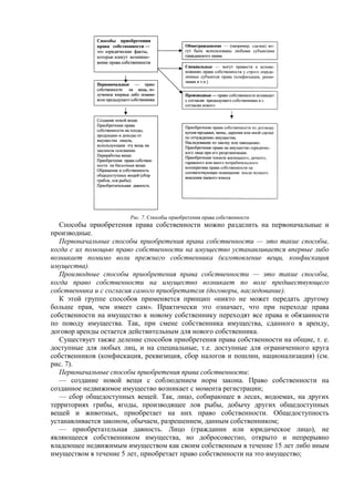 Рис. 7. Способы приобретения права собственности
Способы приобретения права собственности можно разделить на первоначальные и
производные.
Первоначальные способы приобретения права собственности — это такие способы,
когда с их помощью право собственности на имущество устанавливается впервые либо
возникает помимо воли прежнего собственника (изготовление вещи, конфискация
имущества).
Производные способы приобретения права собственности — это такие способы,
когда право собственности на имущество возникает по воле предшествующего
собственника и с согласия самого приобретателя (договоры, наследование).
К этой группе способов применяется принцип «никто не может передать другому
больше прав, чем имеет сам». Практически это означает, что при переходе права
собственности на имущество к новому собственнику переходят все права и обязанности
по поводу имущества. Так, при смене собственника имущества, сданного в аренду,
договор аренды остается действительным для нового собственника.
Существует также деление способов приобретения права собственности на общие, т. е.
доступные для любых лиц, и на специальные, т.е. доступные для ограниченного круга
собственников (конфискация, реквизиция, сбор налогов и пошлин, национализация) (см.
рис. 7).
Первоначальные способы приобретения права собственности:
— создание новой вещи с соблюдением норм закона. Право собственности на
созданное недвижимое имущество возникает с момента регистрации;
— сбор общедоступных вещей. Так, лицо, собирающее в лесах, водоемах, на других
территориях грибы, ягоды, производящее лов рыбы, добычу других общедоступных
вещей и животных, приобретает на них право собственности. Общедоступность
устанавливается законом, обычаем, разрешением, данным собственником;
— приобретательная давность. Лицо (гражданин или юридическое лицо), не
являющееся собственником имущества, но добросовестно, открыто и непрерывно
владеющее недвижимым имуществом как своим собственным в течение 15 лет либо иным
имуществом в течение 5 лет, приобретает право собственности на это имущество;
 