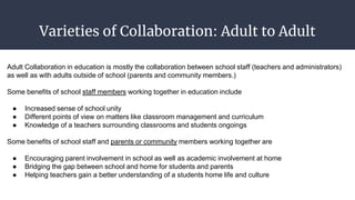 Varieties of Collaboration: Adult to Adult
Adult Collaboration in education is mostly the collaboration between school staff (teachers and administrators)
as well as with adults outside of school (parents and community members.)
Some benefits of school staff members working together in education include
● Increased sense of school unity
● Different points of view on matters like classroom management and curriculum
● Knowledge of a teachers surrounding classrooms and students ongoings
Some benefits of school staff and parents or community members working together are
● Encouraging parent involvement in school as well as academic involvement at home
● Bridging the gap between school and home for students and parents
● Helping teachers gain a better understanding of a students home life and culture
 