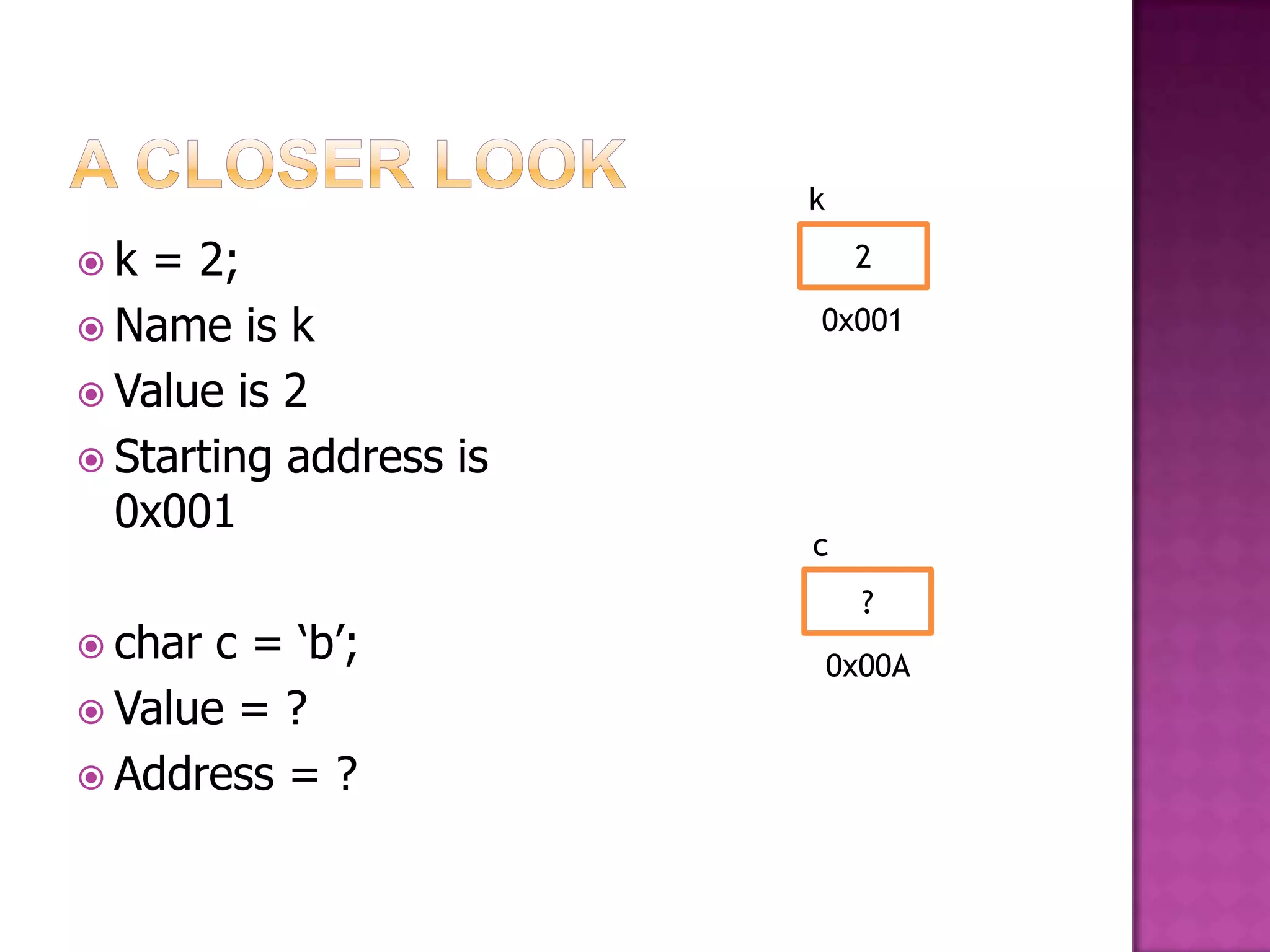 k k = 2; 2  Name is k 0x001  Value is 2  Starting address is 0x001 c ?  char c = „b‟; 0x00A  Value = ?  Address = ? 