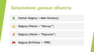 Заполнение данных объекта
Human Magnus = new Human();
Magnus.FName = “Магнус”;
Magnus.LName = “Карлсен”;
Magnus.BirthYear = 1990;
 